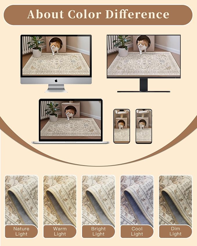 Madane 6x9 Area Rugs for Living Room, Vintage Washable Rug, Beige/Blue | Stain Resistant Floor Carpet With Non-Slip Backing For Bedroom, Dining Bedroom And Office, Soft Low-Pile Home Decor Mat