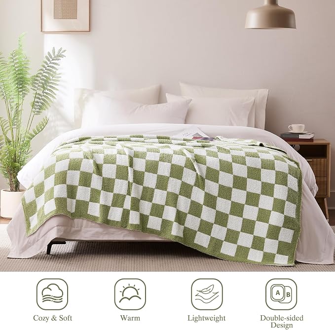 Checkered Throw Blanket for Couch, Soft Cozy Warm Knitted Blankets | Lightweight Fuzzy Travel Warm Decor for Women, Mom, Girls, Sofa, Chair, 60x80in, Sage Green