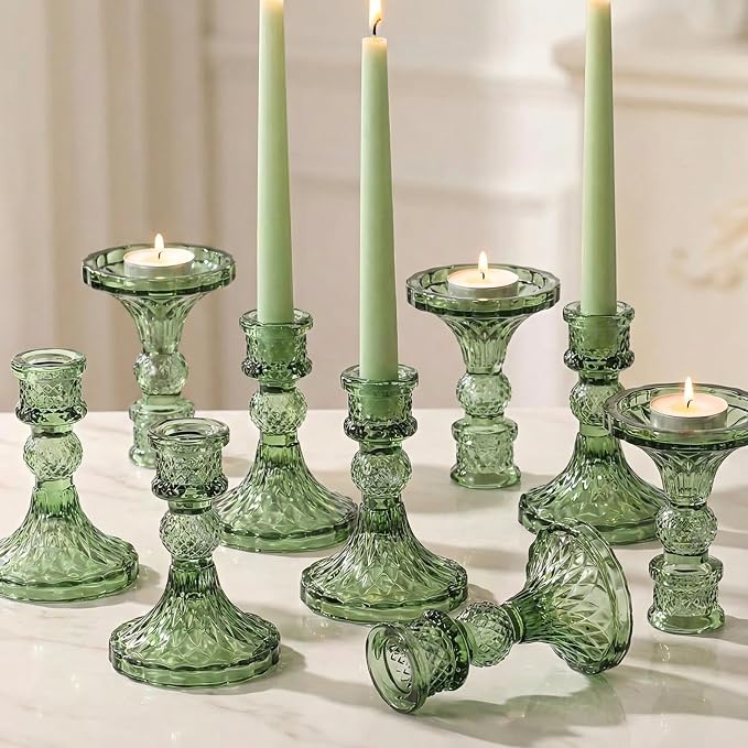 Glass Candle Holder Set of 12, Green Taper Candle Holders Bulk | Vintage Candlestick Holders, Candle Stick Holder for Table Centerpieces, Wedding, Festival & Home Decor