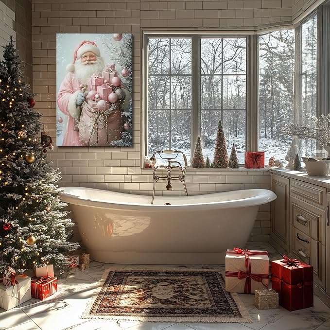 Pink Christmas Canvas Wall Art 16x24, Santa Elegant Pictures for Girls Bedroom And Festive Party Wall Decorations, Christmas Gift for Womens, Framed Painting Ready to Hang