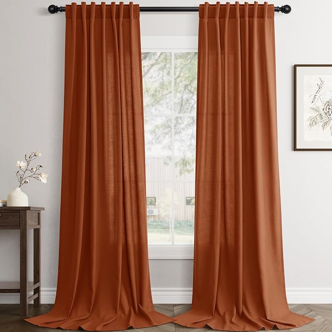 Jowels Terracotta Linen Curtains 104 Inch Long 2 Panels for Living Room | Burnt Orange Light Filtering Semi Sheer Curtain,Back Tab Pocket Pleated Look,Boho Textured Privacy Drapes for Bedroom Window