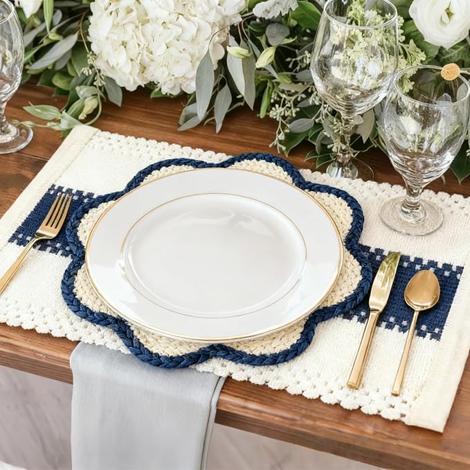 4pc Sunflower Rattan Placemat Set, Woven Boho Table Mats, Blue | 4 cotton runners (24x11") & 4 woven mats. Heat-resistant & eco-friendly. Perfect for boho, farmhouse decor & parties.