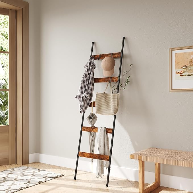 ELYKEN Blanket Ladder, 5-Tier Towel Rack, Wall-Leaning Quilt Holder | Farmhouse Wood Display Stand with 4 Hooks, Decorative Rack Shelf for Living Room, BedRoom, Bathroom, Rustic Brown