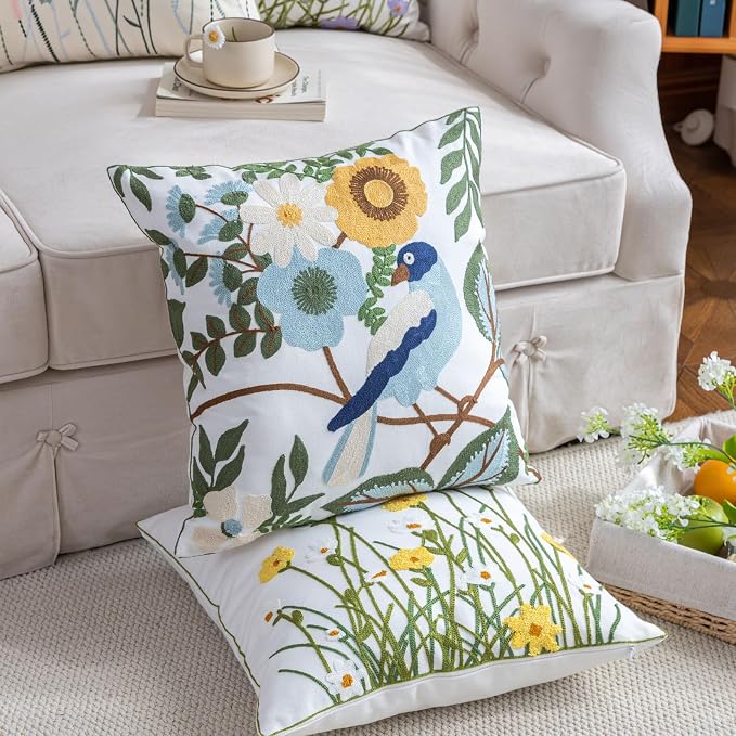 YIcabinet Pack of 2 Throw Pillow Covers,Flower and Bird Pattern Embroidered Pillow Case Soft Decorative Pillowcases for Home Sofa Couch 18x18 Inch