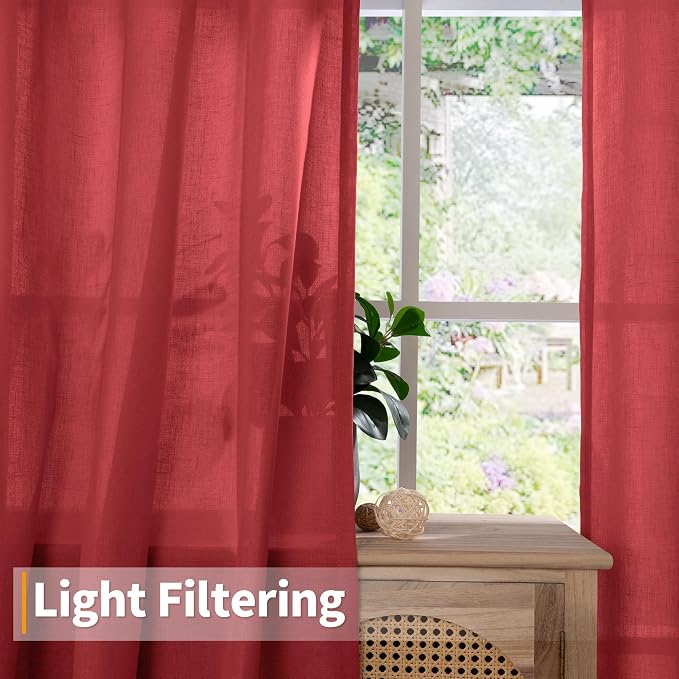 YoungsTex Red Linen Curtains 84 Inches Long for Living Room, Light Filtering Drapes with Grommet Semi Sheer Privacy for Bedroom Dining Room, 2 Panels, 52 X 84 Inch