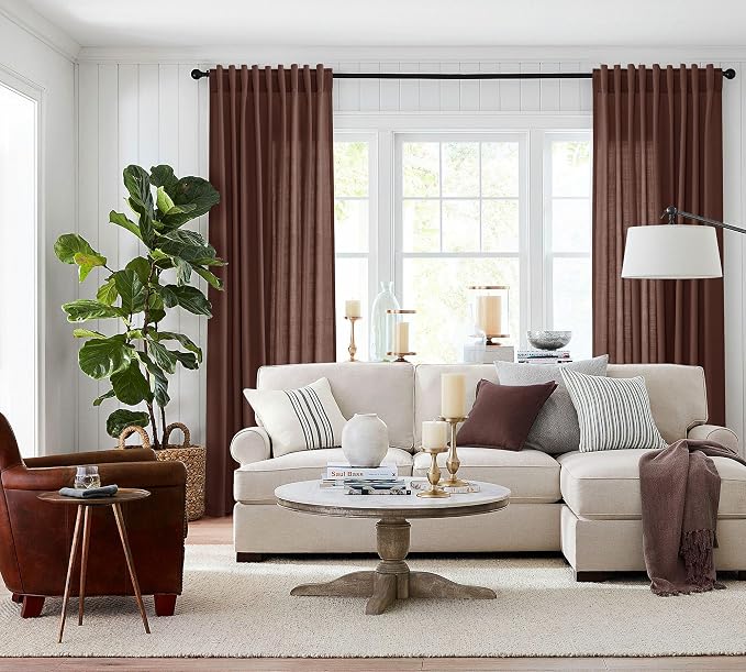 Jowels Rustic Brown Linen Curtains 84 Inch Long 2 Panels for Living Room | Light Filtering Semi Sheer Curtain, Back Tab Pocket Pleated Look, Boho Farmhouse Textured Privacy Drapes for Bedroom Window