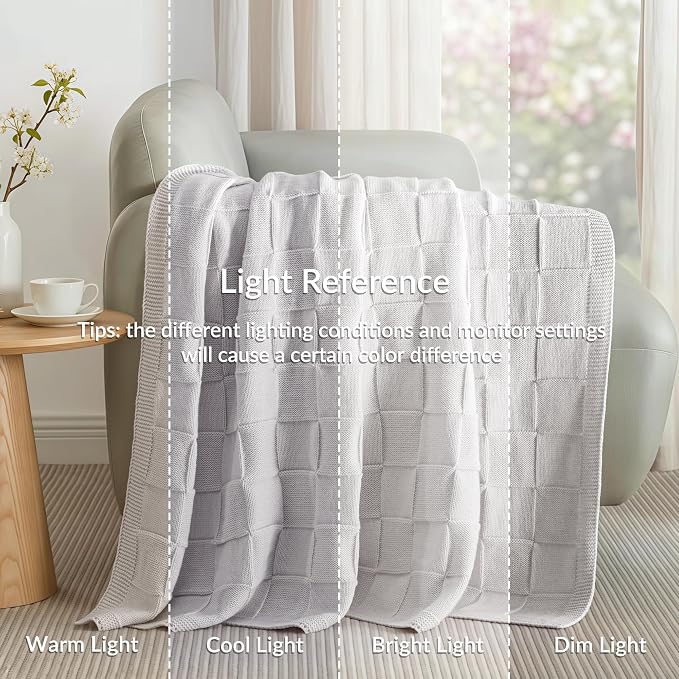 Whale Flotilla Checkered Knit Throw Blanket for Couch, Light Grey | Soft Decorative Knitted Blankets for Couch Sofa Bed, Lightweight Cozy Throws for Spring Summer, 50x60 Inch