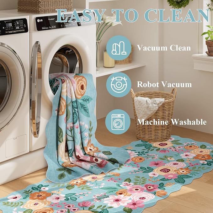 DUKINO 2x4 Rug for Entryway, Floral Washable Kitchen Rugs Non Slip, Teal | Soft, Low Pile, Stain Resistant Throw Runner Rug for Hallway, Bedroom, Bathroom, Laundry, Pet Friendly, Modern Home Decor