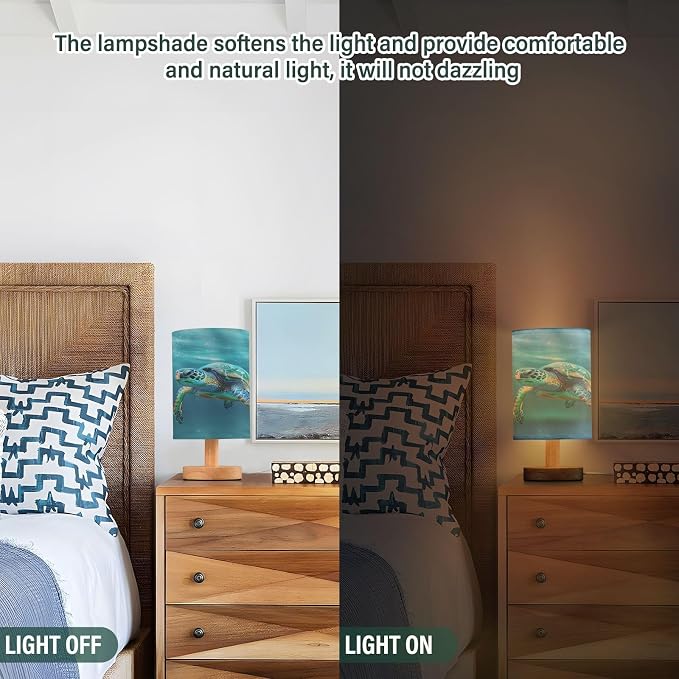 Bedside Lamp Turtle Teal Underwater Table Lamp for Bedroom LED Nightstand Lamp Shade USB Ports Wood Base for Living Room Dorm Office