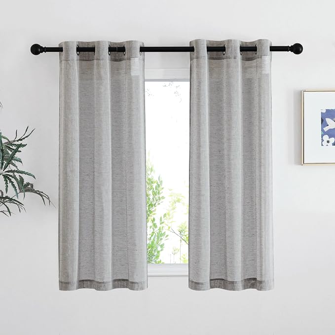NICETOWN Charcoal Grey Linen Curtains for Bedroom 48 inch Long, Grommet Flax Semi Sheer Short Window Treatments Privacy with Light Filtering Drapes for Kids Room, 2 Panels, W36 x L48