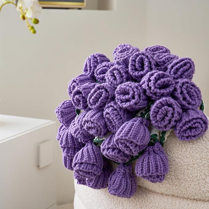 Crochet Flower Bouquet Throw Blanket, Handmade Knitted Blanket with Tulip, Cute Romantic Gift for Her Girlfriend Mom Mother’s Day Valentine Wedding Anniversary Birthday, Purple 60 Inches