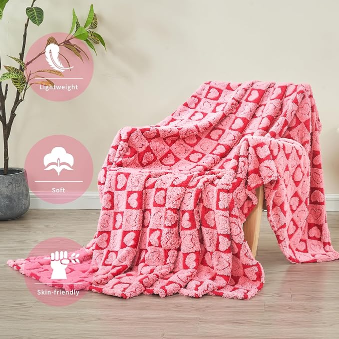 FY FIBER HOUSE Throw Blankets with Heart Checkered,Soft Warm Blankets for Lover Mom Father Gifts,Washable Lightweight Fuzzy Blanket for Couch Sofa Bed Office All Season(Hot Pink & Pink,50"x60"