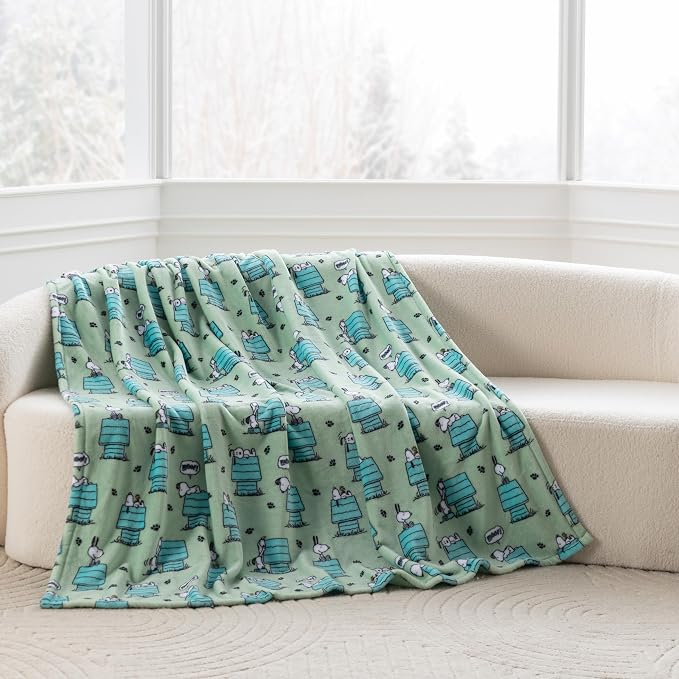 Berkshire Peanuts® VelvetLoft® Cute Character Snoopy Plush Throw Blanket,Regular Snoopy Dog House Poses & Paws Closed in Sage,Throw 55 in x 70 in (Official Peanuts® Product)