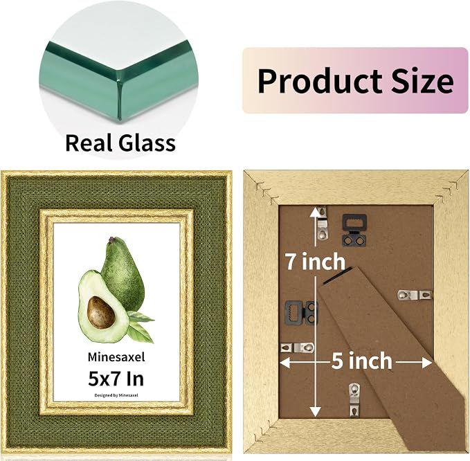 5x7 Picture Frame - Green Fabric & Vintage Gold Border HD Real Glass with Easel for Tabletop/Wall (Family Photos, Cabin Decor 4 Pack)