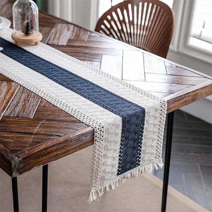 Macrame Table Runner Beige and Blue Boho Table Runners with Tassels 12x36 | Alynsehom Hand Woven Cotton Table Runner Rustic Farmhouse Table Runners for Bohemian Kitchen Dining Table