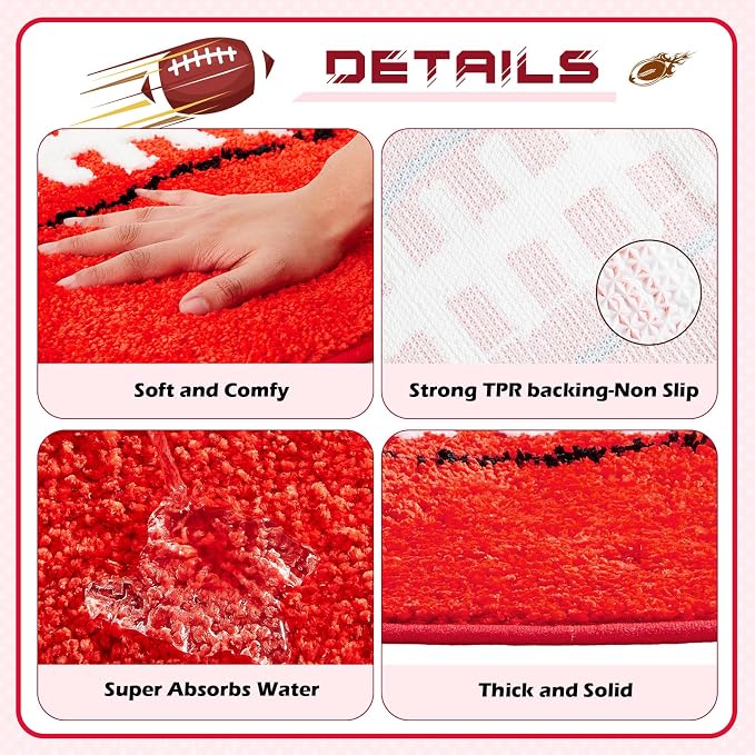 Funtery Football Rug for Boys Room Decor 32x20" Non Slip Absorbent Sports Soft Carpet Field Sports Area Rug Washable Touchdown Mat for Bathroom Playroom Athlete Back to School(Red, Football)
