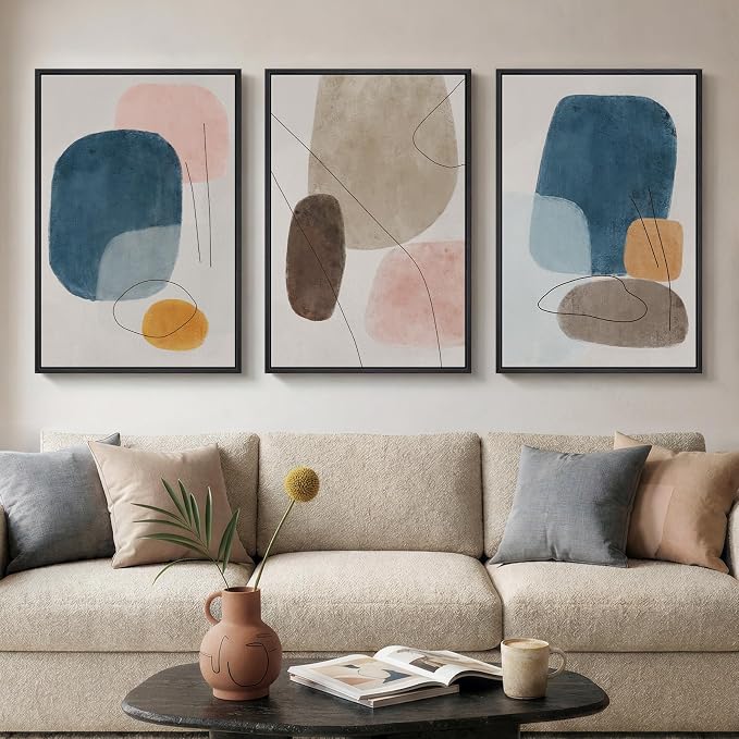 Large Framed Colorful Abstract Wall Art for Living Room, Set of 3, 24x36 In | Modern pictures, Canvas prints, Wood frame, Neutral paintings, Minimalist artwork, Wall decor for bedroom dining room office
