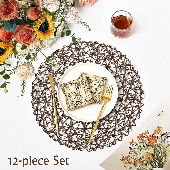 IcosaMro Brown Round Placemats Set of 12 for Dining Table, 13 Inches Paper Woven Boho Small Decorative Tan Circle Place Mat for Wedding Christmas Thanksgiving Day Holiday Dinner, Tan Brown