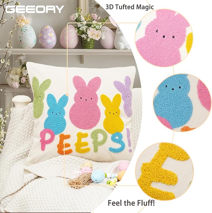 GEEORY 18x18 Inch Canvas Easter Embroidered Pastel Bunny Peeps Pillow Cover, Farmhouse Easter Decor Cushion Case for Living Room, Sofa & Bed