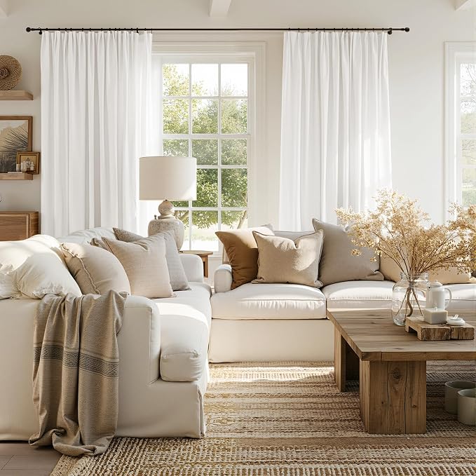 jinchan Linen Curtains Light Filtering Back Tab 50x90 Inch 2 Panels White | Semi Sheer Curtains 90 inch length for Bedroom Living Room, Modern Farmhouse Drapes with Rod Pocket, Natural Boho Curtains