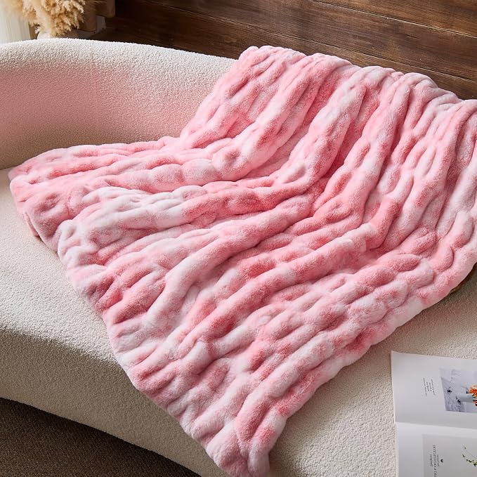 Lotus Karen Faux Fur Throw Blanket, 900 GSM Dual-Sided Soft Ruched Fluffy Blanket for Couch, Cozy Fuzzy Plush Throw Gifts for Women Man Bedroom Living Room (Tie-Dye Pink, 50"x60")