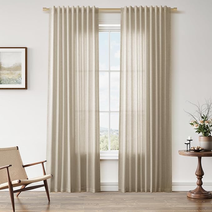 Linen Curtains 84 Inches Long for Living Room Semi Sheer Light Filtering Curtain Back Tab Rod Pocket Neutral Boho Modern Farmhouse Window Drapes for Bedroom 52x84 2 Panels Taupe Burlywood