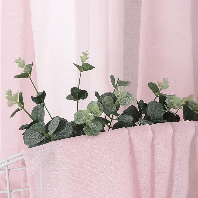 Tollpiz Short Sheer Tier Curtains Linen Textured Half Kitchen Curtain Sheers Light Filtering Rod Pocket Voile Small Curtain for Bathroom, 25 x 24 inches Long, Pink, Set of 2 Panels