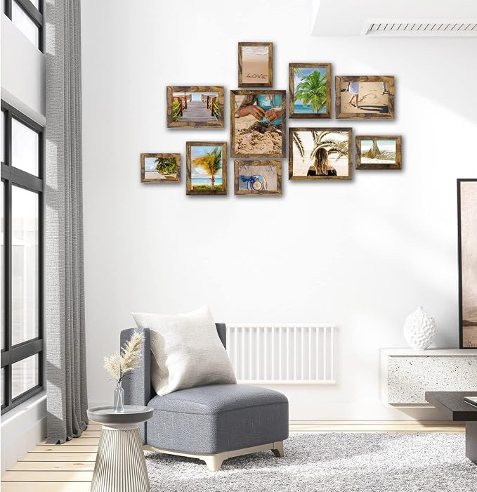 Picture Frame Set 10 pack, Farmhouse Photo Frames, Gallery Wall Frame Collage, with Two 8x10, Four 5x7, Four 4x6 Photo Frame set, in 3 Different Finishes Picture Frames For Wall or Desk,Rustic Brown
