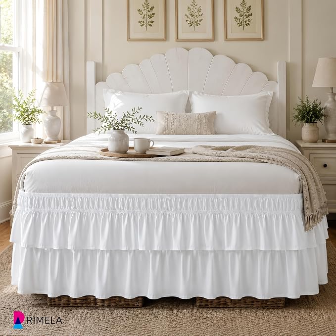 RIMELA Queen Size Ruffle Bed Skirt 14 Inch Drop - White Double Layered Wrap Around Dust Ruffle, Romantic Cute Design Bedskirt with High-Density Fabric, Soft Stretchy, Easy Install for Queen Bed