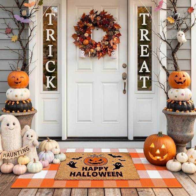 LEEVAN Halloween Outdoor Buffalo Plaid Door Mat Fall Decor Entryway Rugs | 2x4.3 Orange and White Autumn Washable Front Porch Door Mat, Small Farmhouse Layered Checkered Rug for Kitchen Patio Bathroom