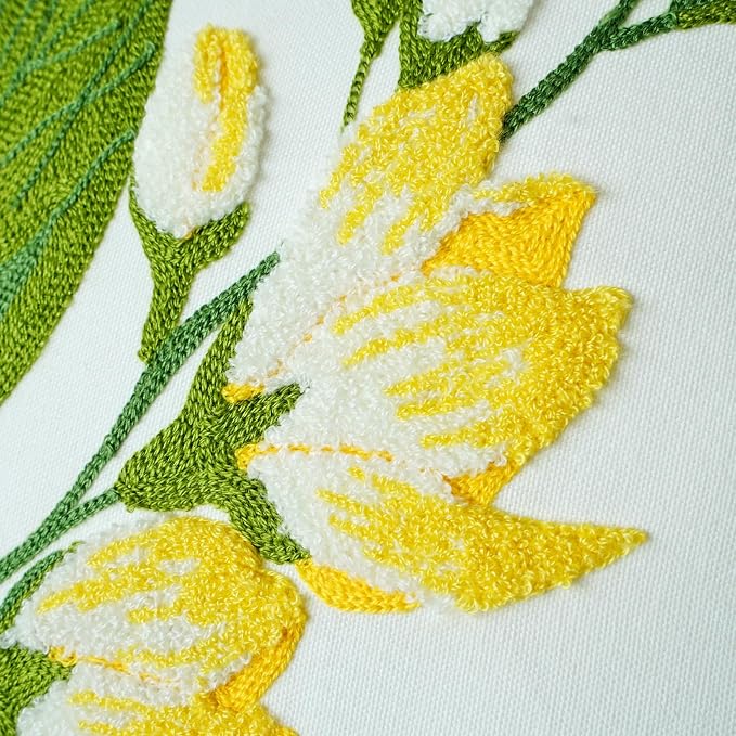 vctops Farmhouse Hibiscus Flowers Cotton Tufted Throw Pillow Cover Spring Floral Embroidery Pillowcase Soft Square Cushion Case for Sofa Couch Bed Chair (Yellow F,18"x18")