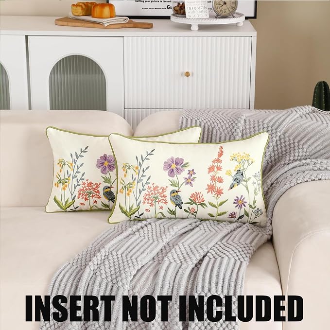 Embroidered Throw Pillow Covers 12x20 Pack of 2 Birds and Flowers | Durable Fabric,Square Pillow Cover,Boho Decorative,Hidden Zipper,Aesthetic Design,Ideal Gift,Machine Washable