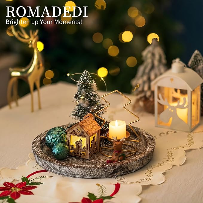 Romadedi Farmhouse Wooden Candle Tray, 11 Inch Round, Whitewashed