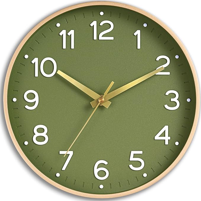 Roymnie 12 Inch Wall Clock Battery Operated Silent Non Ticking Green Analog | Green & gold modern analog; large 3D easy-read dial for kitchen, office, bathroom & bedroom; 1 AA battery (not included)