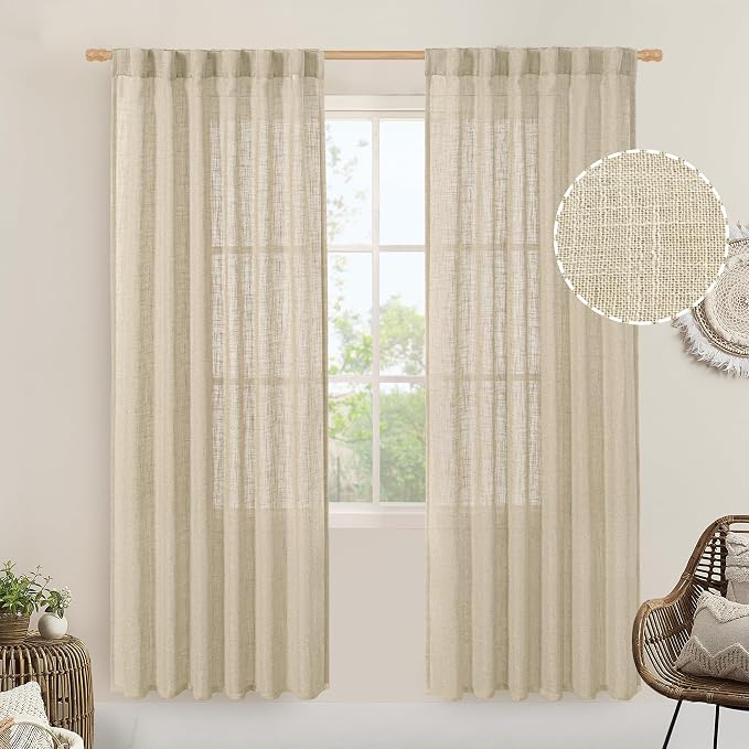 Light Filtering Linen Curtains 80 inches Long for Bedroom, 2 Panels | Faux Linen Textured, Semi Sheer, Rod Pocket Back Tab, Burlap Modern Drapes for Living Room, Farmhouse, 52 x 80 Inch