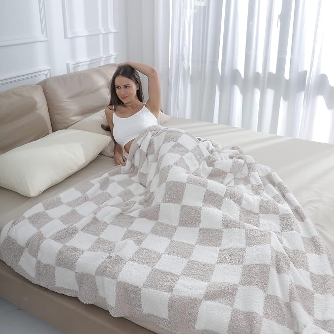 bearberry Fuzzy Checkerboard Grid Throw Blanket Soft Cozy Warm Microfiber All Season Blanket Decor for Couch Sofa Bed Travel Home (Cream, 50''x60'') | Knitted Fluffy Checkered Comfort Home Decor Gift for Women Mom Her, Sofa Chair Bed, 50x60in, Cream