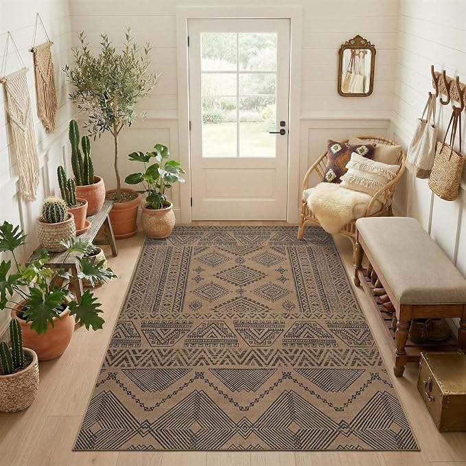 jinchan 5x7 Faux Jute Area Rug Washable Boho Living Room Rug, Charcoal | Southwestern Geometric, Non-Slip, Low Pile, Indoor Outdoor, Natural Fiber Look, Dining Room, Deck, Backyard, Bedroom, Patio