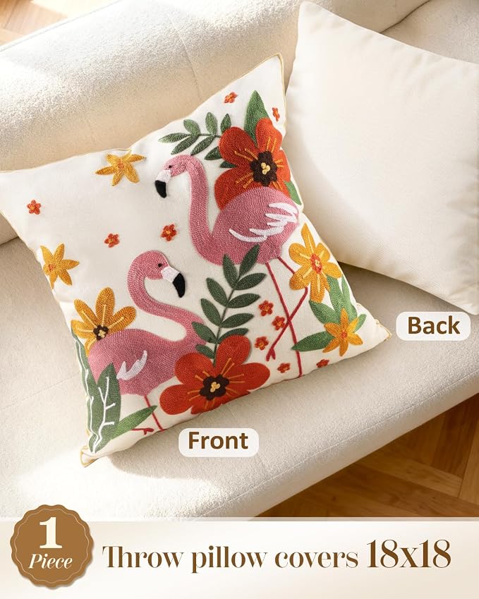 Animal Embroidered Throw Pillow Cover 18x18 Inch, Flamingos Floral | Decorative Pillow Cover, Boho Floral Cushion Cases with Hidden Zipper, Cottagecore Decor for Couch, Sofa, Living Room