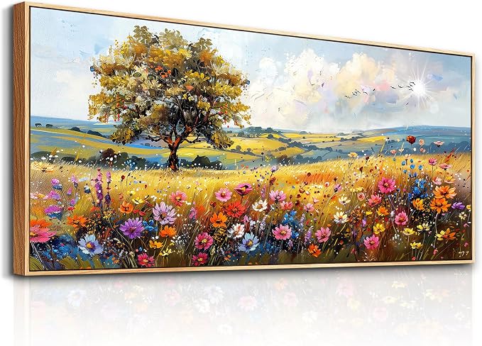 hyidecorart Large Framed Wall Art, Spring Landscape Wall Art, Nature Tree Wildflower Artwork, Colorful Scenery Rustic Painting Canvas Prints, Farmhouse Wall Decor Living Room Bedroom Picture 32x72 In