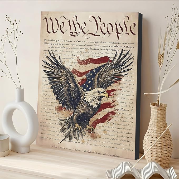 Framed We The People Bald Eagle Wall Art, Patriotic US Constitution Canvas Art Pictures, American Flag Wall Decor, Made in USA Ready to Hang for Office Living Room