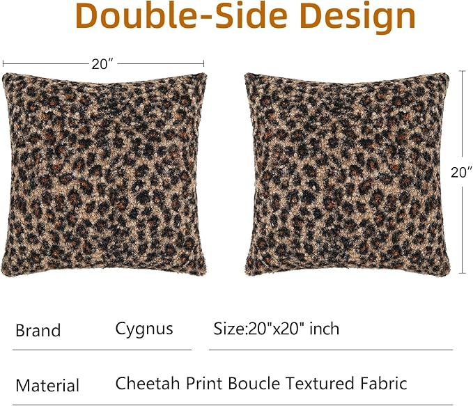 cygnus Cheetah Print Boucle Throw Pillow Covers 20x20 Inch | Set of 2 Soft Fuzzy Curly Textured Decorative Pillowcase, Leopard Pillows for Living Room Bedroom Stockholm Home Decor