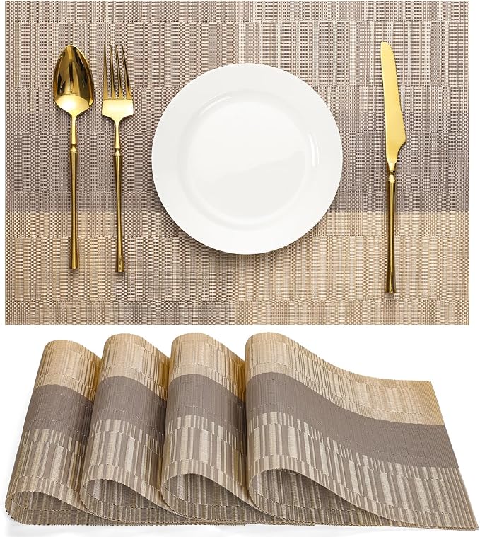 Placemats Set of 4, Vinyl Woven Heat-Resistant Place Mats | Washable Wipeable PVC Table Mats, Non Slip Placemat for Kitchen Dining Indoor Outdoor Table (Gray Gold, Set of 4)