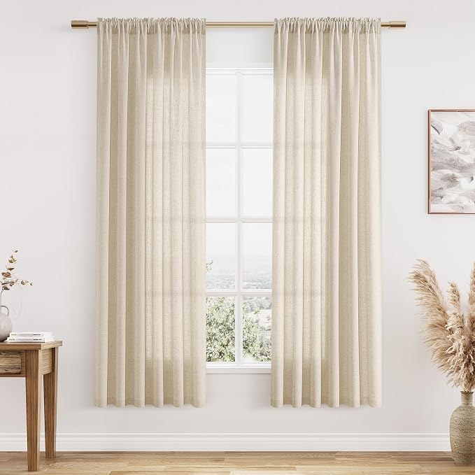 Linen Curtains 72 Inch Length for Living Room Bedroom 2 Panels Set Rod Pocket Light Filtering Semi Sheer Window Curtains 52 Inch Width Boho Farmhouse Drapes Flax Beige Linen, W52xL72