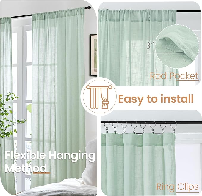 BGment Sage Green Linen Curtains 54 Inch Length for Short Window - Rod Pocket Drapes Light Filtering Sheer Textured for Bedroom Decorative Lightweight Natural Rustic, 2 Panels Set, 42 X 54 Inch
