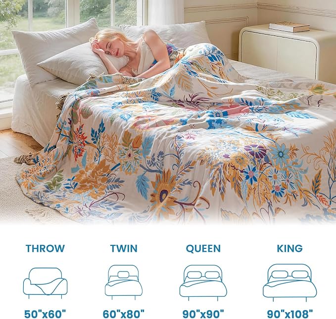 MSGKV Boho Throw Blanket 60"x80" 100% Cotton Floral Muslin Twin Blanket | 100% Cotton Throw, Twin Size Blanket, Reversible Woven, Summer Breathable, Farmhouse Decor, All Seasons, Machine Washable