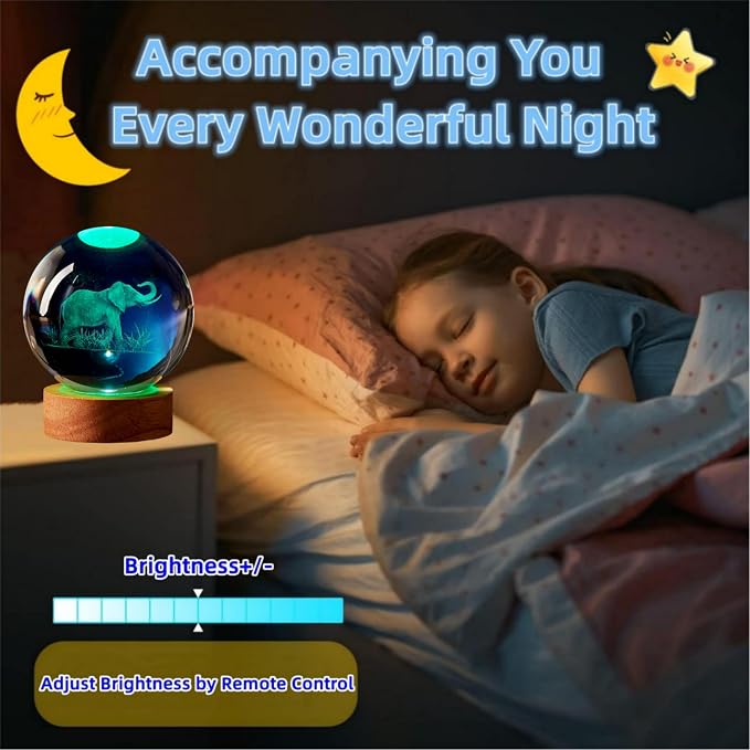 3D Elephant Crystal Ball Lamp, Upgraded 3.15 Inch Elephant Crystal Ball Night Light with 16 Colors LED Wooden Base, Remote Control, Gift Box Packaging, Home Decor Gift for Friends (Elephant)