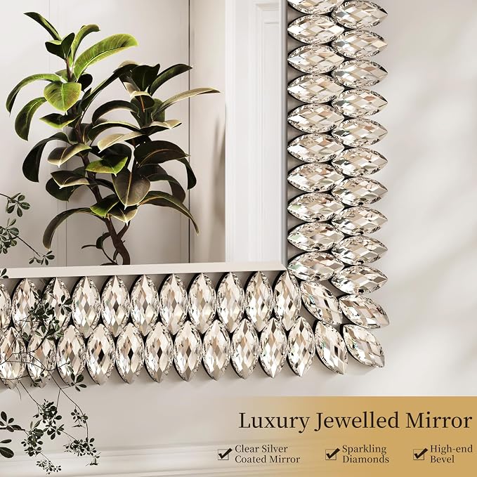 Kelly Miller 28"x40" Jeweled Luxury Rectangle Decorative Wall Mirror | Elegant diamond beveled vanity mirror. Perfect large wall mirror for living room, bathroom, entryway.