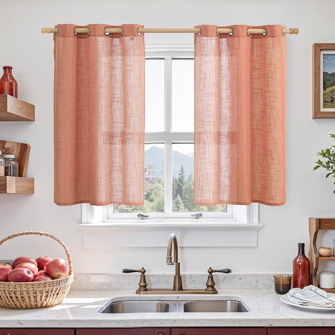Short Linen Curtains 40 Inch Length for Kitchen 2 Panels Set | Semi Sheer, Light Filtering Curtains, Farmhouse Boho, Drapes for Cafe, RV Camper, Bronze Grommet, Terracotta, 34 x 40 Inch
