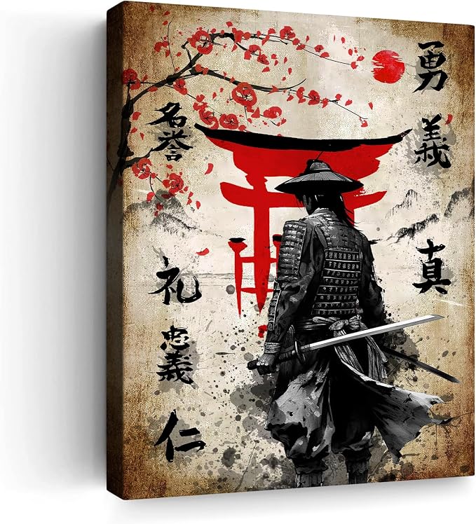 Wesluin 16"x20" Samurai Warrior Canvas – Red Torii Gate Japanese Wall Art | Stoic samurai stands beneath crimson torii gates. Timeless bushido decor. Hook included, ready to hang.