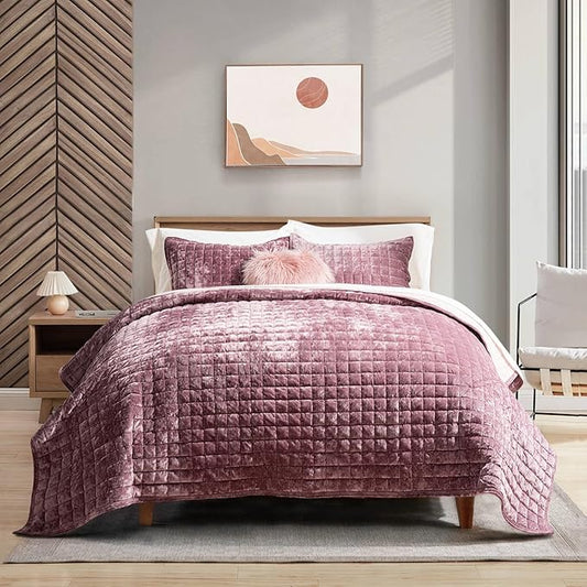 RECYCO Channel Box Stitch Velvet Quilt Set, King Size, Dusty Mauve Pink | Ultra Soft Lightweight Velvet Comforter, Luxury Oversized Bedspread Coverlet, Quilted Bedding Set for All Season with 2 Shams